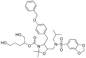 5-{[(BENZO[1,3]DIOXOLE-5-SULFONYL)-ISOBUTYL-AMINO]-METHYL}-4-(4-BENZYLOXY-BENZYL)-2,2-DIMETHYL-OXAZOLIDINE-3-CARBOXYLIC ACID 4-HYDROXY-1-HYDROXYMETHYL-BUTYL ESTER Struktur