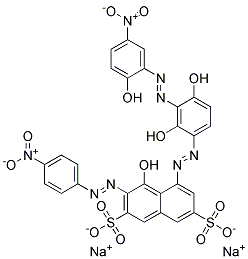 disodium 5-[[2,4-dihydroxy-3-[(2-hydroxy-5-nitrophenyl)azo]phenyl]azo]-4-hydroxy-3-[(4-nitrophenyl)azo]naphthalene-2,7-disulphonate Struktur