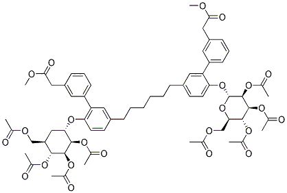 [5'-{6-[3'-METHOXYCARBONYLMETHYL-6-((1S,2R,3S,4R,5R)-2,3,4-TRIACETOXY-5-ACETOXYMETHYL-CYCLOHEXYLOXY)-BIPHENYL-3-YL]-HEXYL}-2'-((2R,3S,4S,5R,6R)-3,4,5-TRIACETOXY-6-ACETOXYMETHYL-TETRAHYDRO-PYRAN-2-YLOXY)-BIPHENYL-3-YL]-ACETIC ACID METHYL ESTER Struktur