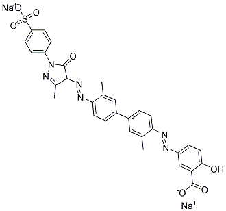 disodium 5-[[4'-[[4,5-dihydro-3-methyl-5-oxo-1-(4-sulphonatophenyl)-1H-pyrazol-4-yl]azo]-3,3'-dimethyl[1,1'-biphenyl]-4-yl]azo]salicylate Struktur