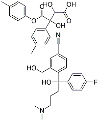 (-)-4-[4-Dimethylamino-1-(4-Fluorophenyl)-1-Hydroxy Butyl]-3-Hydroxymethyl-Benzonitrile, 1/2(+)-Di-P-Toluyltartaric Acid Salt Struktur