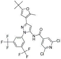 N-{1-[3,5-bis(trifluoromethyl)phenyl]-3-[5-(tert-butyl)-2-methyl-3-furyl]-1H-pyrazol-5-yl}-2,6-dichloroisonicotinamide Struktur