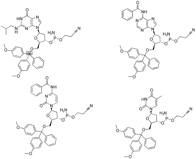 5'DIMETHOXYTRITYL DA(BZ)+DG(IBU)+DC(BZ)+T BETA-CYANOETHYL PHOSPHORAMIDITE Struktur