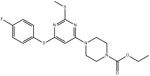 ETHYL 4-[6-[(4-FLUOROPHENYL)SULFANYL]-2-(METHYLSULFANYL)-4-PYRIMIDINYL]TETRAHYDRO-1(2H)-PYRAZINECARBOXYLATE Struktur