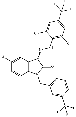 5-CHLORO-1-[3-(TRIFLUOROMETHYL)BENZYL]-1H-INDOLE-2,3-DIONE 3-(N-[2,6-DICHLORO-4-(TRIFLUOROMETHYL)PHENYL]HYDRAZONE) Struktur