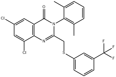 6,8-DICHLORO-3-(2,6-DIMETHYLPHENYL)-2-(([3-(TRIFLUOROMETHYL)PHENYL]SULFANYL)METHYL)-4(3H)-QUINAZOLINONE Struktur