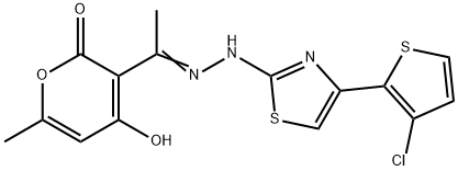 3-(2-[4-(3-CHLORO-2-THIENYL)-1,3-THIAZOL-2-YL]ETHANEHYDRAZONOYL)-4-HYDROXY-6-METHYL-2H-PYRAN-2-ONE Struktur