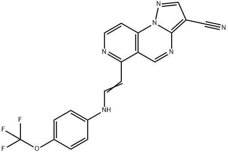 6-(2-[4-(TRIFLUOROMETHOXY)ANILINO]VINYL)PYRAZOLO[1,5-A]PYRIDO[3,4-E]PYRIMIDINE-3-CARBONITRILE Struktur