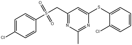 4-CHLOROPHENYL (6-[(2-CHLOROPHENYL)SULFANYL]-2-METHYL-4-PYRIMIDINYL)METHYL SULFONE Struktur