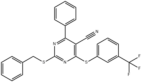 2-(BENZYLSULFANYL)-4-PHENYL-6-([3-(TRIFLUOROMETHYL)PHENYL]SULFANYL)-5-PYRIMIDINECARBONITRILE Struktur