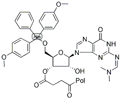 DIMETHOXYTRITYL RIBO DIMETHYLAMINOMETHYLENE GUANOSINE-SUCCINYL-LONG CHAIN ALKYL AMINE-CONTROLLED PORE GLASS Struktur