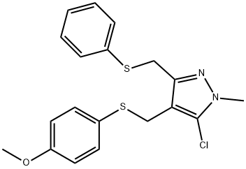 4-[((5-CHLORO-1-METHYL-3-[(PHENYLSULFANYL)METHYL]-1H-PYRAZOL-4-YL)METHYL)SULFANYL]PHENYL METHYL ETHER Struktur