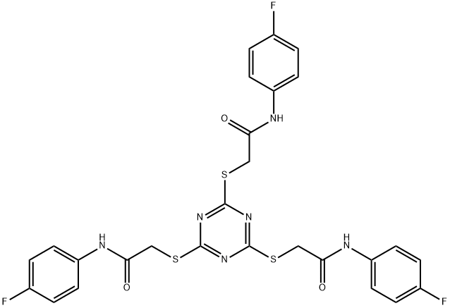 2-[(4,6-BIS([2-(4-FLUOROANILINO)-2-OXOETHYL]SULFANYL)-1,3,5-TRIAZIN-2-YL)SULFANYL]-N-(4-FLUOROPHENYL)ACETAMIDE Struktur