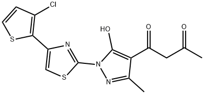 1-(1-[4-(3-CHLORO-2-THIENYL)-1,3-THIAZOL-2-YL]-5-HYDROXY-3-METHYL-1H-PYRAZOL-4-YL)-1,3-BUTANEDIONE Struktur