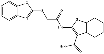 2-{[(1,3-BENZOXAZOL-2-YLTHIO)ACETYL]AMINO}-4,5,6,7-TETRAHYDRO-1-BENZOTHIOPHENE-3-CARBOXAMIDE Struktur