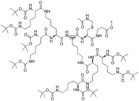 BOC-LYS(BOC)-LYS[BOC-LYS(BOC)]-LYS[BOC-LYS(BOC)-LYS[BOC-LYS(BOC)]]-CYS(ACM)-BETA-ALA-O-PAM RESIN Struktur