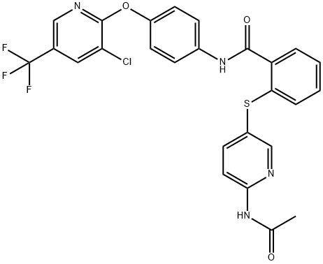 2-([6-(ACETYLAMINO)-3-PYRIDINYL]SULFANYL)-N-(4-([3-CHLORO-5-(TRIFLUOROMETHYL)-2-PYRIDINYL]OXY)PHENYL)BENZENECARBOXAMIDE Struktur