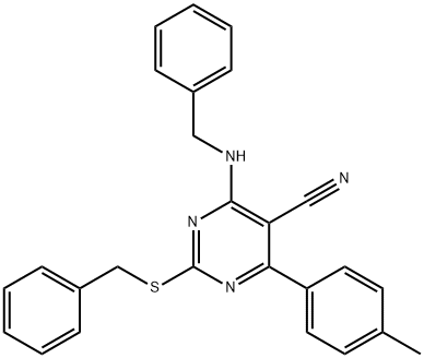 4-(BENZYLAMINO)-2-(BENZYLSULFANYL)-6-(4-METHYLPHENYL)-5-PYRIMIDINECARBONITRILE Struktur