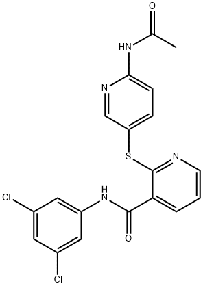 2-([6-(ACETYLAMINO)-3-PYRIDINYL]SULFANYL)-N-(3,5-DICHLOROPHENYL)NICOTINAMIDE Struktur