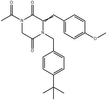 1-ACETYL-4-[4-(TERT-BUTYL)BENZYL]-3-[(4-METHOXYPHENYL)METHYLENE]TETRAHYDRO-2,5-PYRAZINEDIONE Struktur