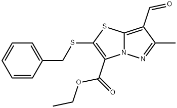 ETHYL 2-(BENZYLSULFANYL)-7-FORMYL-6-METHYLPYRAZOLO[5,1-B][1,3]THIAZOLE-3-CARBOXYLATE Struktur