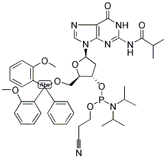 N2-ISOBUTYRYL-5'-O-DIMETHOXYTRITYL-2'-DEOXYGUANOSINE 3'-(2-CYANOETHOXY)-N,N-DIISOPROPYLPHOSPHORAMIDITE Struktur