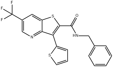 N-BENZYL-3-(2-THIENYL)-6-(TRIFLUOROMETHYL)THIENO[3,2-B]PYRIDINE-2-CARBOXAMIDE Struktur