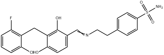 4-[2-(((E)-[3-(2-CHLORO-6-FLUOROBENZYL)-2,4-DIHYDROXYPHENYL]METHYLIDENE)AMINO)ETHYL]BENZENESULFONAMIDE Struktur