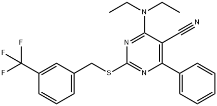 4-(DIETHYLAMINO)-6-PHENYL-2-([3-(TRIFLUOROMETHYL)BENZYL]SULFANYL)-5-PYRIMIDINECARBONITRILE Struktur