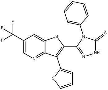 4-PHENYL-5-[3-(2-THIENYL)-6-(TRIFLUOROMETHYL)THIENO[3,2-B]PYRIDIN-2-YL]-4H-1,2,4-TRIAZOL-3-YLHYDROSULFIDE Struktur