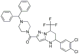 (4-BENZHYDRYLPIPERAZIN-1-YL)(5-(3,4-DICHLOROPHENYL)-7-(TRIFLUOROMETHYL)-4,5,6,7-TETRAHYDROPYRAZOLO[1,5-A]PYRIMIDIN-2-YL)METHANONE Struktur