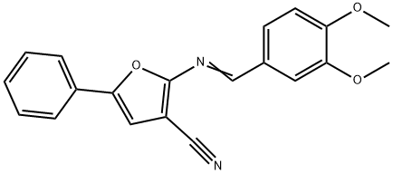 2-([(E)-(3,4-DIMETHOXYPHENYL)METHYLIDENE]AMINO)-5-PHENYL-3-FURONITRILE Struktur