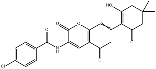 N-(5-ACETYL-6-[(E)-2-(2-HYDROXY-4,4-DIMETHYL-6-OXO-1-CYCLOHEXENYL)ETHENYL]-2-OXO-2H-PYRAN-3-YL)-4-CHLOROBENZENECARBOXAMIDE Struktur