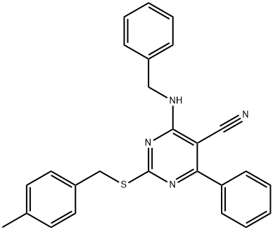 4-(BENZYLAMINO)-2-[(4-METHYLBENZYL)SULFANYL]-6-PHENYL-5-PYRIMIDINECARBONITRILE Struktur