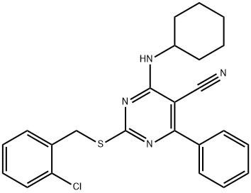 2-[(2-CHLOROBENZYL)SULFANYL]-4-(CYCLOHEXYLAMINO)-6-PHENYL-5-PYRIMIDINECARBONITRILE Struktur