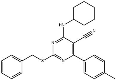 2-(BENZYLSULFANYL)-4-(CYCLOHEXYLAMINO)-6-(4-METHYLPHENYL)-5-PYRIMIDINECARBONITRILE Struktur