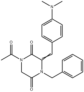 1-ACETYL-4-BENZYL-3-([4-(DIMETHYLAMINO)PHENYL]METHYLENE)TETRAHYDRO-2,5-PYRAZINEDIONE Struktur