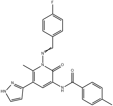 N-[1-([(Z)-(4-FLUOROPHENYL)METHYLIDENE]AMINO)-6-METHYL-2-OXO-5-(1H-PYRAZOL-5-YL)-1,2-DIHYDRO-3-PYRIDINYL]-4-METHYLBENZENECARBOXAMIDE Struktur