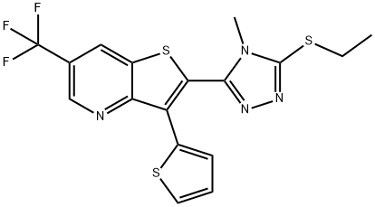 2-[5-(ETHYLSULFANYL)-4-METHYL-4H-1,2,4-TRIAZOL-3-YL]-3-(2-THIENYL)-6-(TRIFLUOROMETHYL)THIENO[3,2-B]PYRIDINE Struktur