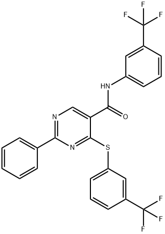 2-PHENYL-N-[3-(TRIFLUOROMETHYL)PHENYL]-4-([3-(TRIFLUOROMETHYL)PHENYL]SULFANYL)-5-PYRIMIDINECARBOXAMIDE Struktur