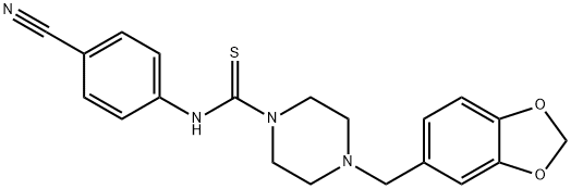 4-(((4-(BENZO[3,4-D]1,3-DIOXOLAN-5-YLMETHYL)PIPERAZINYL)THIOXOMETHYL)AMINO)BENZENECARBONITRILE Struktur