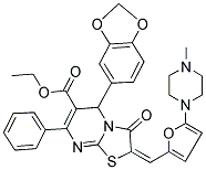 (E)-ETHYL 5-(BENZO[D][1,3]DIOXOL-5-YL)-2-((5-(4-METHYLPIPERAZIN-1-YL)FURAN-2-YL)METHYLENE)-3-OXO-7-PHENYL-3,5-DIHYDRO-2H-THIAZOLO[3,2-A]PYRIMIDINE-6-CARBOXYLATE Struktur