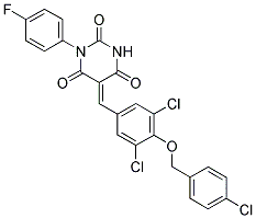 (5E)-5-{3,5-DICHLORO-4-[(4-CHLOROBENZYL)OXY]BENZYLIDENE}-1-(4-FLUOROPHENYL)PYRIMIDINE-2,4,6(1H,3H,5H)-TRIONE Struktur