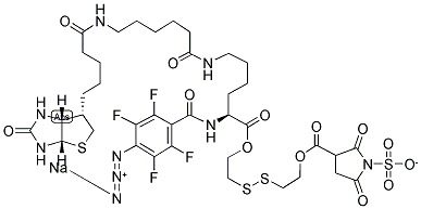 2-[N2-(4-AZIDO-2,3,5,6-TETRAFLUOROBENZOYL)-N6-(6-BIOTINAMIDOCAPROYL)-L-LYSINYL]ETHYL 2'- (N-SULFOSUCCINIMIDYLCARBOXY)ETHYL DISULFIDE, SODIUM SALT Struktur