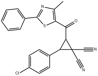 2-(4-CHLOROPHENYL)-3-[(4-METHYL-2-PHENYL-1,3-THIAZOL-5-YL)CARBONYL]-1,1-CYCLOPROPANEDICARBONITRILE Struktur