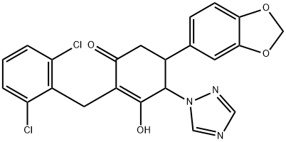 5-(1,3-BENZODIOXOL-5-YL)-2-(2,6-DICHLOROBENZYL)-3-HYDROXY-4-(1H-1,2,4-TRIAZOL-1-YL)-2-CYCLOHEXEN-1-ONE Struktur