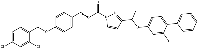 (E)-3-(4-[(2,4-DICHLOROBENZYL)OXY]PHENYL)-1-(3-(1-[(2-FLUORO[1,1'-BIPHENYL]-4-YL)OXY]ETHYL)-1H-PYRAZOL-1-YL)-2-PROPEN-1-ONE Struktur