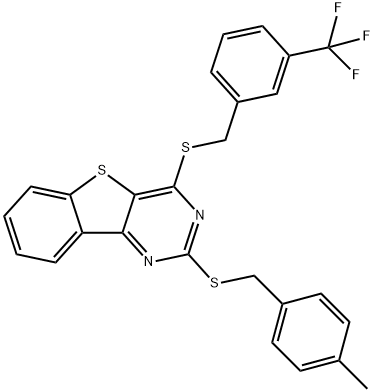 2-[(4-METHYLBENZYL)SULFANYL]-4-([3-(TRIFLUOROMETHYL)BENZYL]SULFANYL)[1]BENZOTHIENO[3,2-D]PYRIMIDINE Struktur