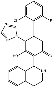 5-(2-CHLORO-6-FLUOROPHENYL)-3-HYDROXY-2-(1,2,3,4-TETRAHYDRO-1-ISOQUINOLINYL)-4-(1H-1,2,4-TRIAZOL-1-YL)-2-CYCLOHEXEN-1-ONE Struktur