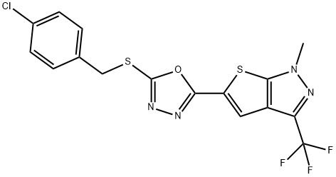 4-CHLOROBENZYL 5-[1-METHYL-3-(TRIFLUOROMETHYL)-1H-THIENO[2,3-C]PYRAZOL-5-YL]-1,3,4-OXADIAZOL-2-YL SULFIDE Struktur